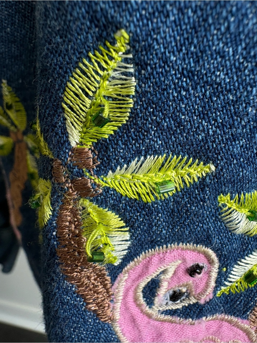 Sara Studio Flamingo Embroidered Denim Jacket Beaded Tropical Shirt Jacket Large - Picture 11 of 11